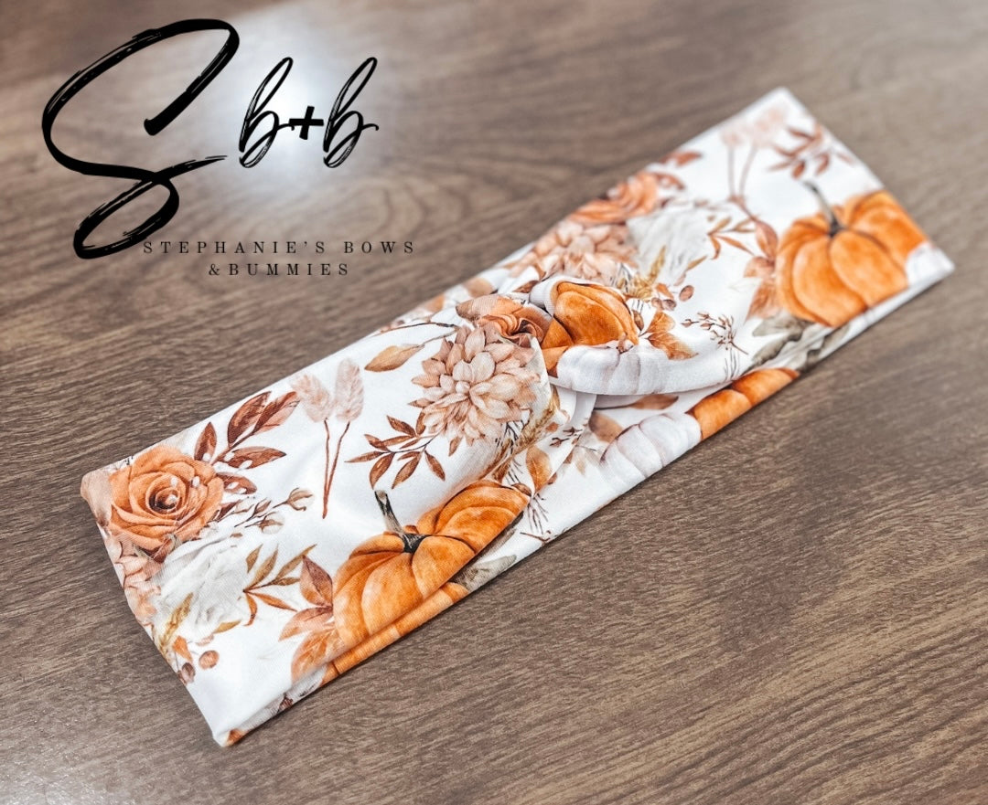 Fall Pumpkin Floral Twist Adult Headband
