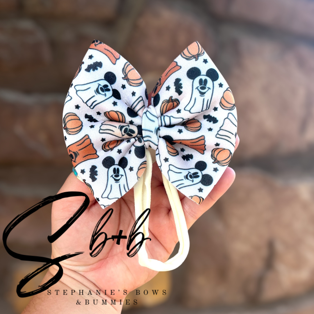Mouse Ghost + Pumpkins Puffy Bow