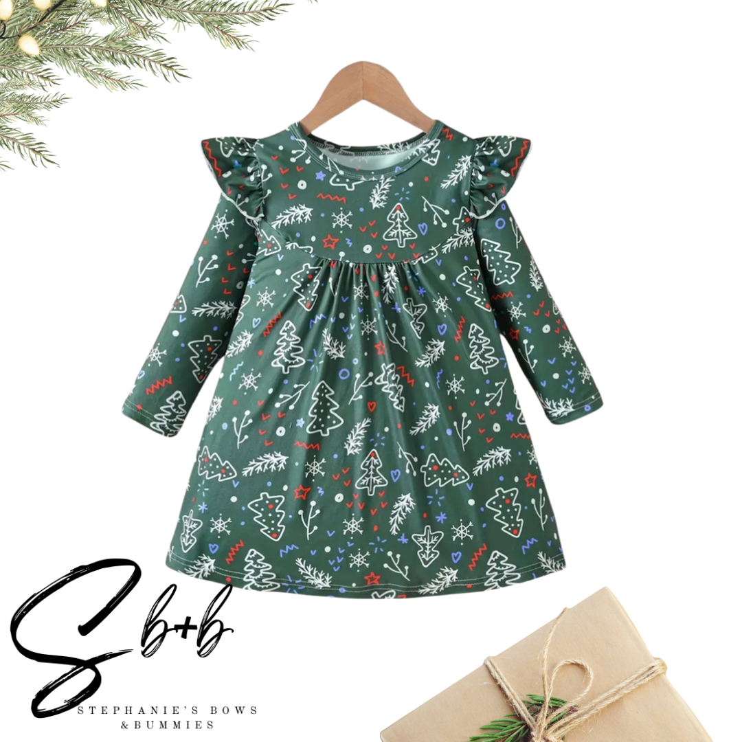 Green Christmas Dress w/ Trees Dress
