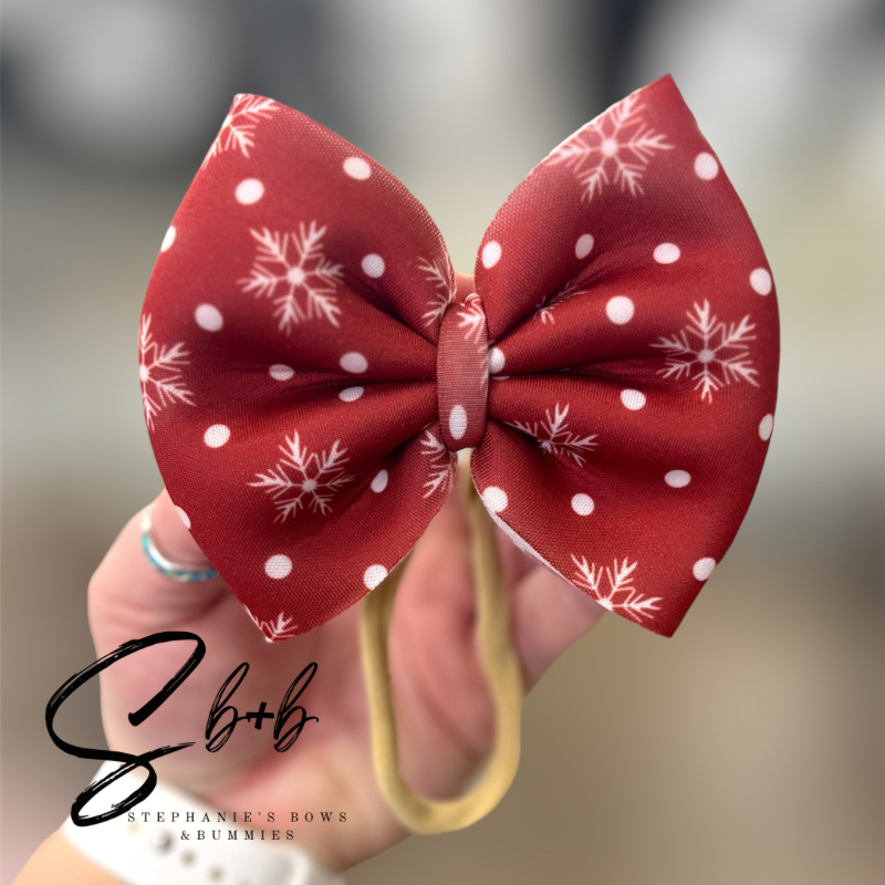 Dark Red w/ White Snowflakes Puffy Bow