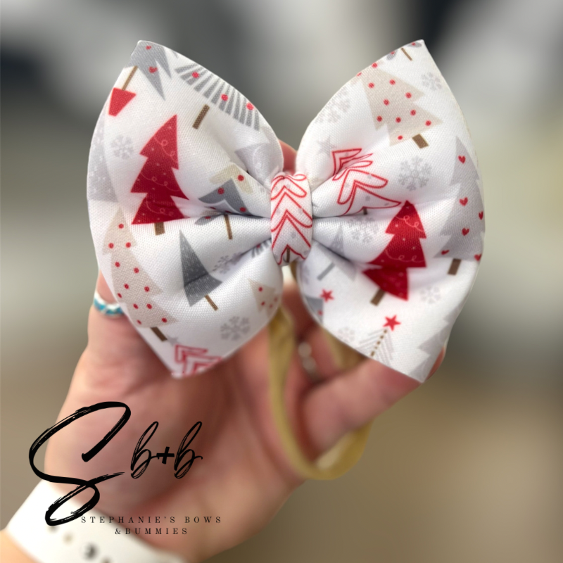 Drawn Christmas Trees Red/White/Silver/Gold Puffy Bow