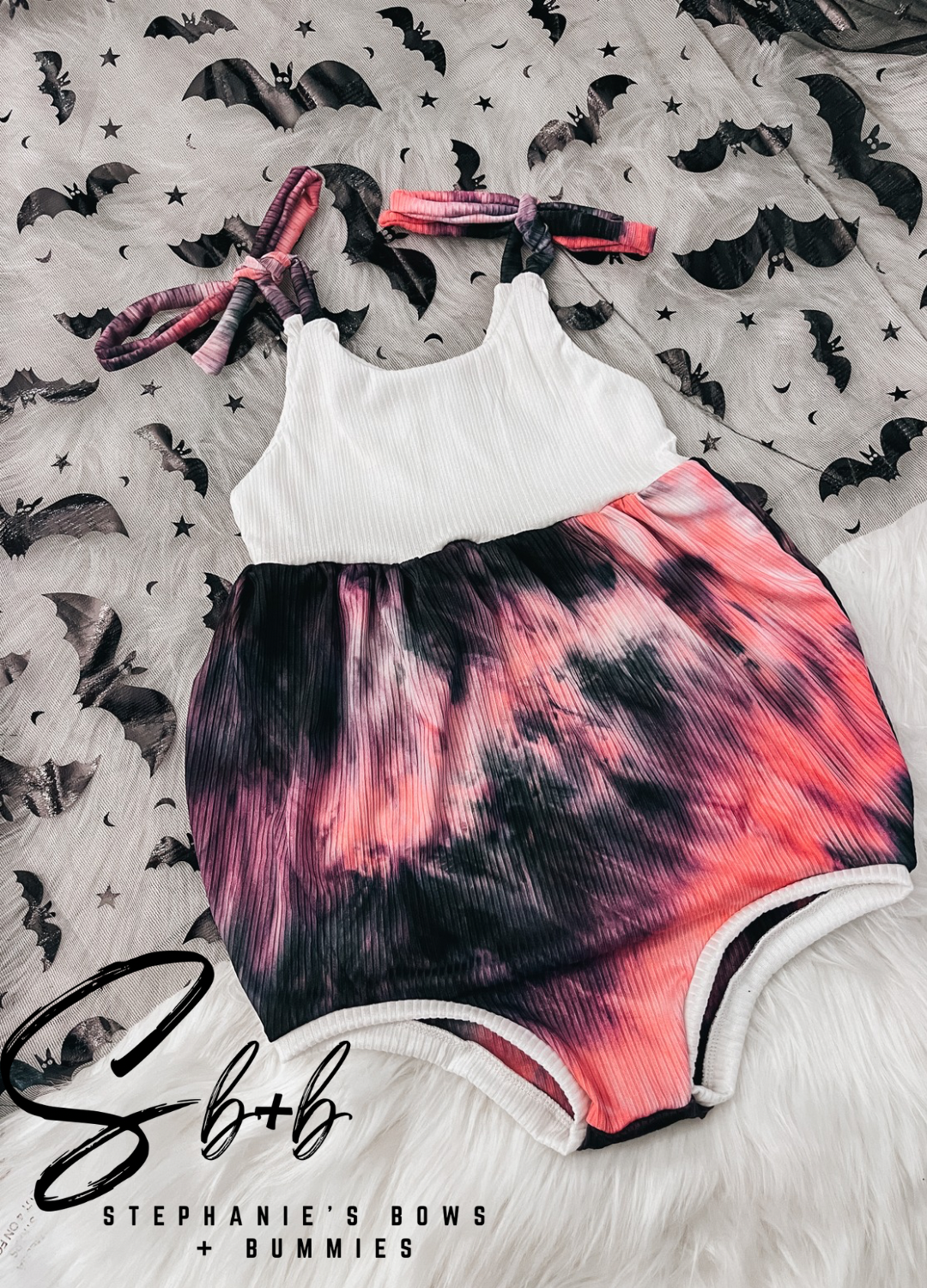 Halloween Tie Strap Bubble Romper Pink + White + Black