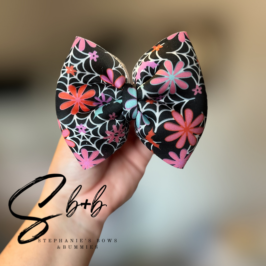 Multicolor Halloween Spider Web & Floral/Bats Puffy Bow