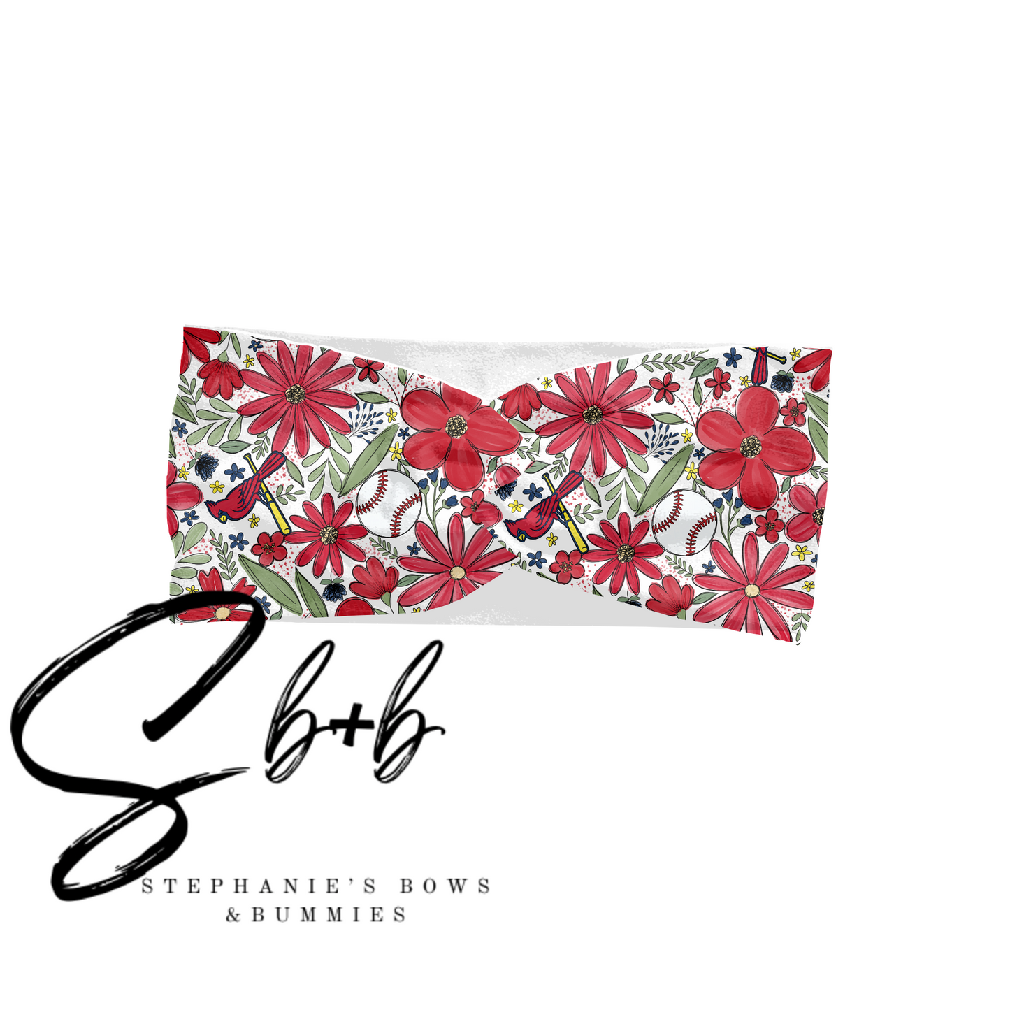 Baseball Red Bird Floral Red Adult Headband