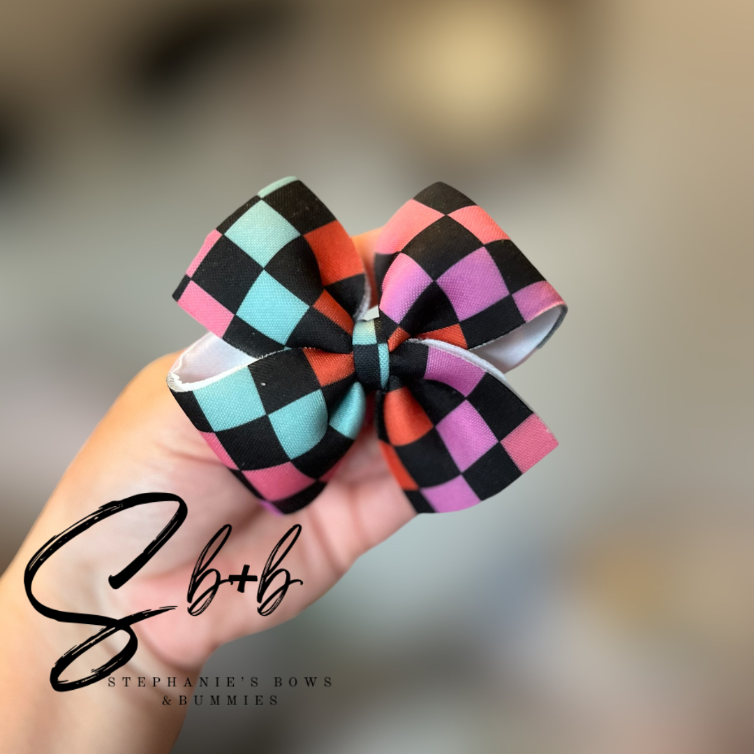 Bright Multicolor Halloween Checkered Puffy Bow