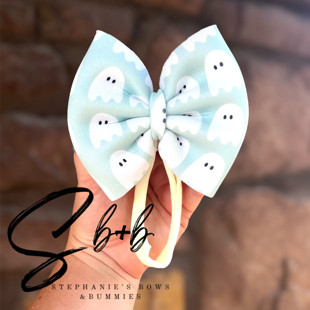 Light Teal w/ White Ghost Puffy Bow