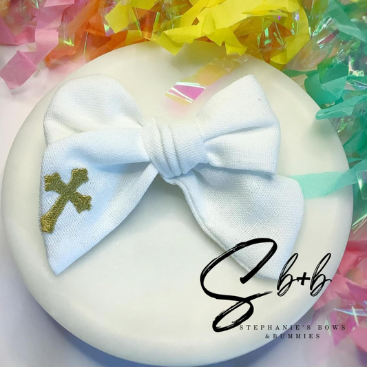 White with Cross Embroided Bow