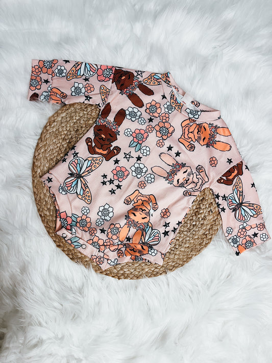 Floral Bunny & Butterfly Long Sleeve Romper