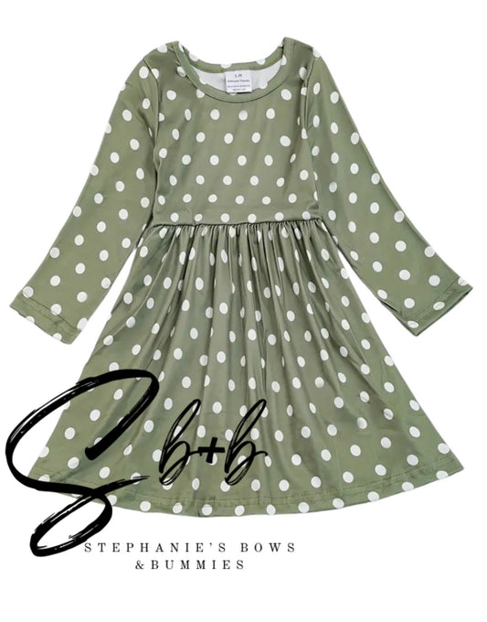 Olive Green + White Polka Dot Dress