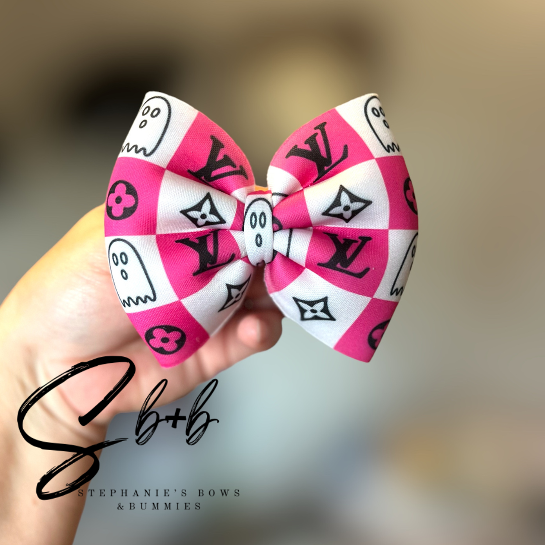 LV Pink & White w/ Ghost Checkered Puffy Bow