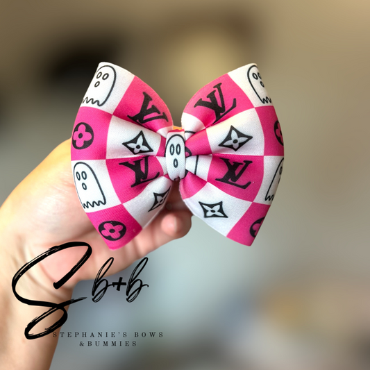 LV Pink & White w/ Ghost Checkered Puffy Bow
