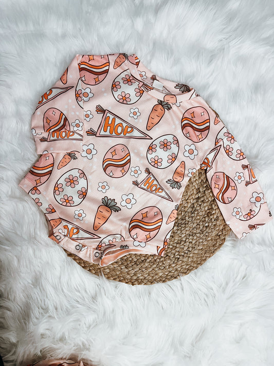 Pennant Flag Easter Egg & Carrots Long Sleeve Romper