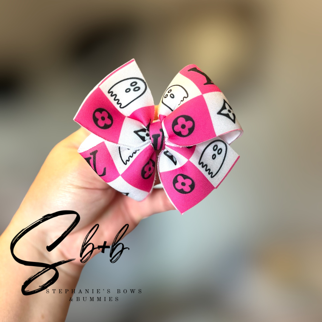 LV Pink & White w/ Ghost Checkered Puffy Bow