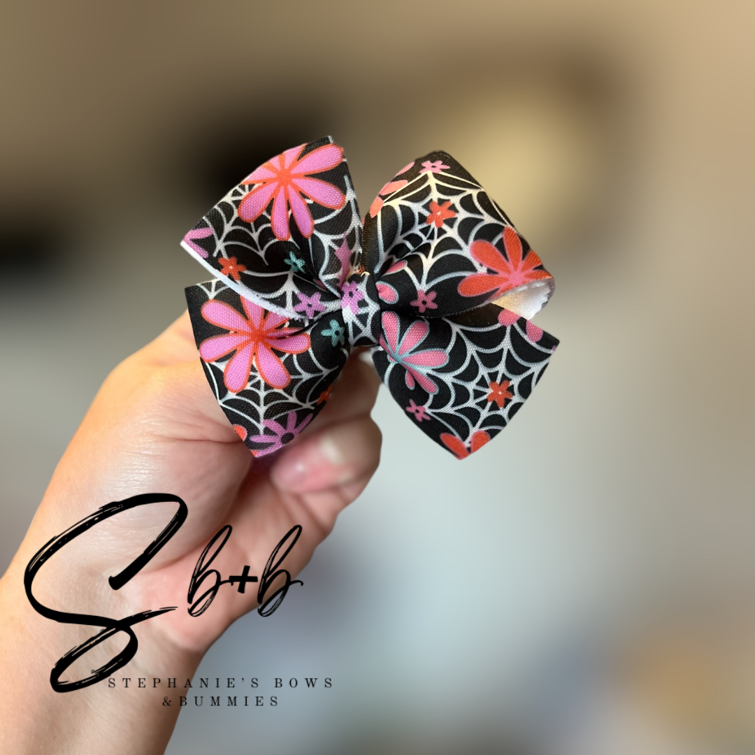 Multicolor Halloween Spider Web & Floral/Bats Puffy Bow