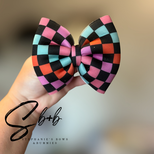 Bright Multicolor Halloween Checkered Puffy Bow