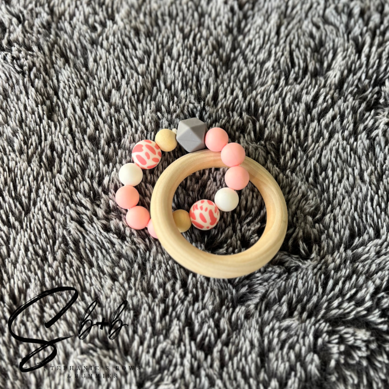 Pink Cheetah/ Leopard Wooden Ring Teether Ring