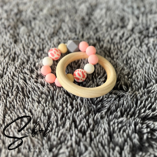 Pink Cheetah/ Leopard Wooden Ring Teether Ring