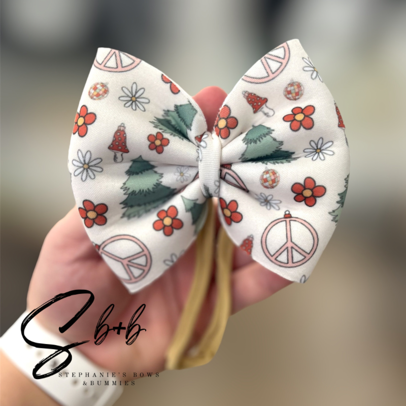 Groovy Christmas Tree/Mushrooms/Peace Sign Puffy Bow