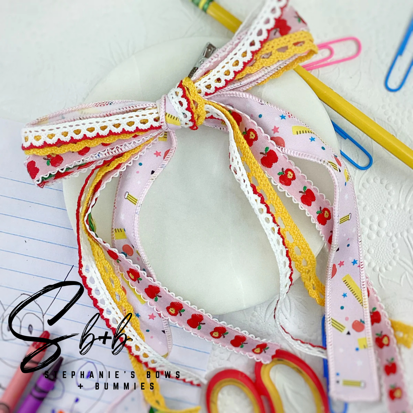 Back to School Ribbon/Trim Chic Bow- White