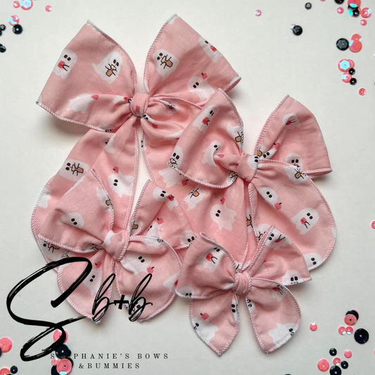 Pink w/White Pumkins Serged Bow
